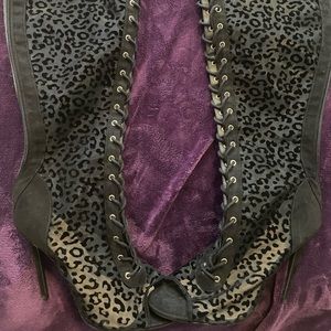 Animal print thigh high peep toe boots gently worn